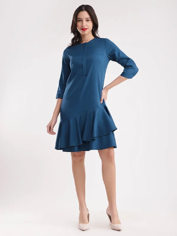 Ruffle Placket Detail Dress - Teal