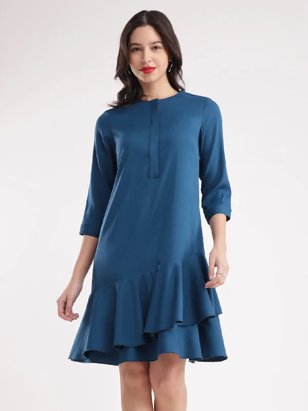 Ruffle Placket Detail Dress - Teal