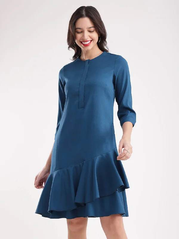 Ruffle Placket Detail Dress - Teal