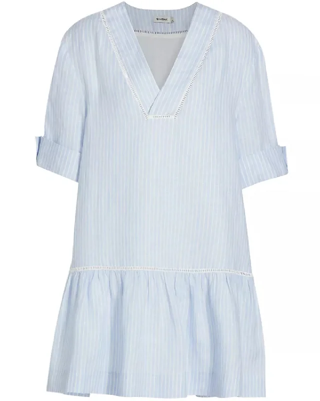 French Blue Stripe V Neck Jori Mini Dress