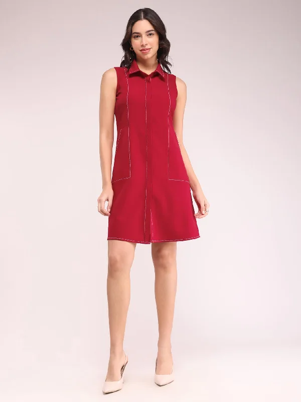 Solid A-line Dress - Red