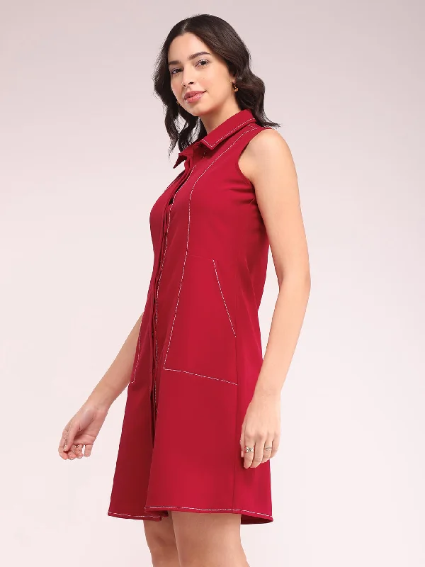 Solid A-line Dress - Red