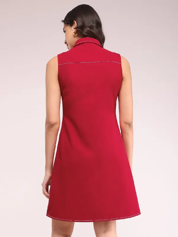 Solid A-line Dress - Red