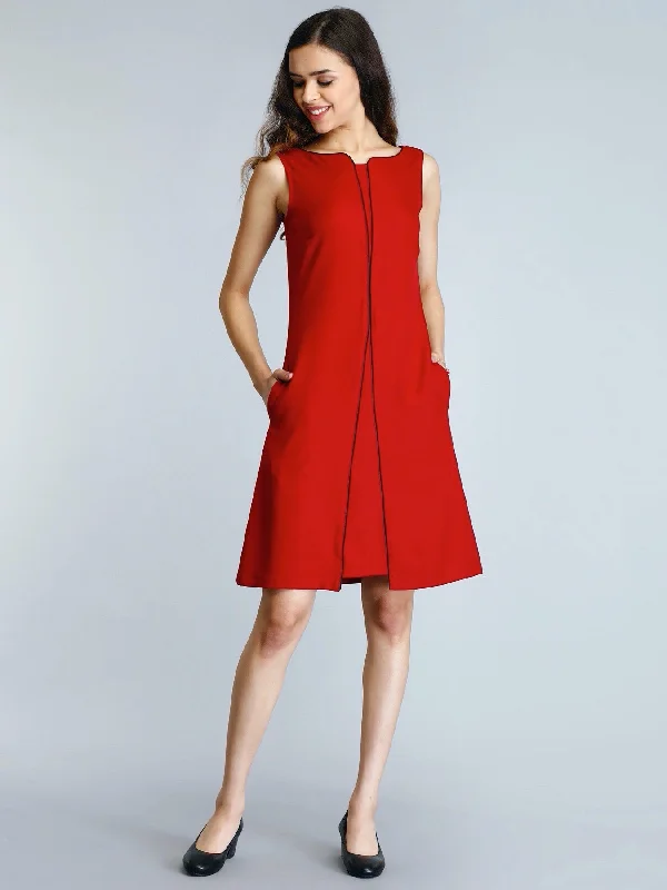 Stylised Neck Piping Detail Shift Dress - Red