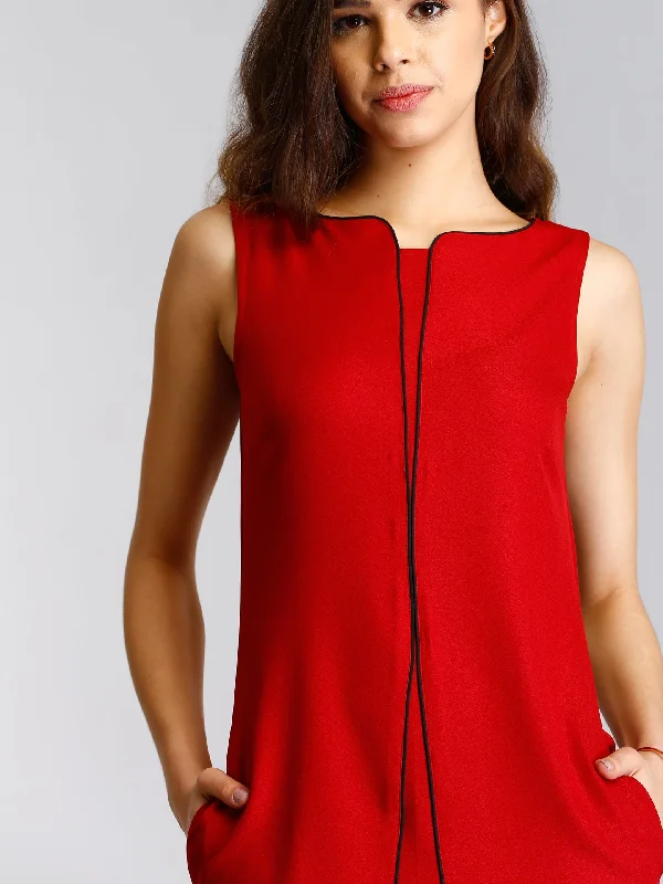 Stylised Neck Piping Detail Shift Dress - Red