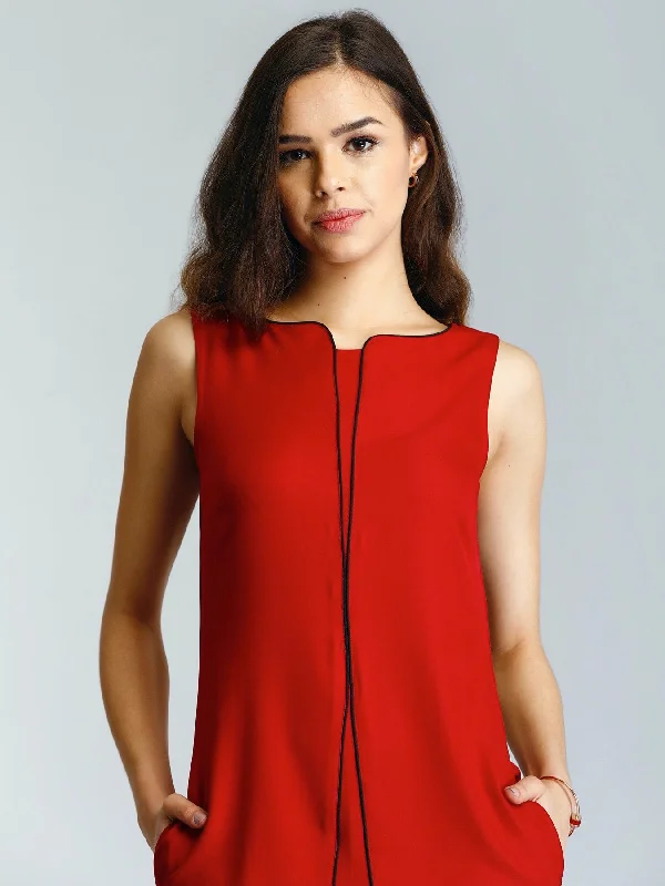 Stylised Neck Piping Detail Shift Dress - Red