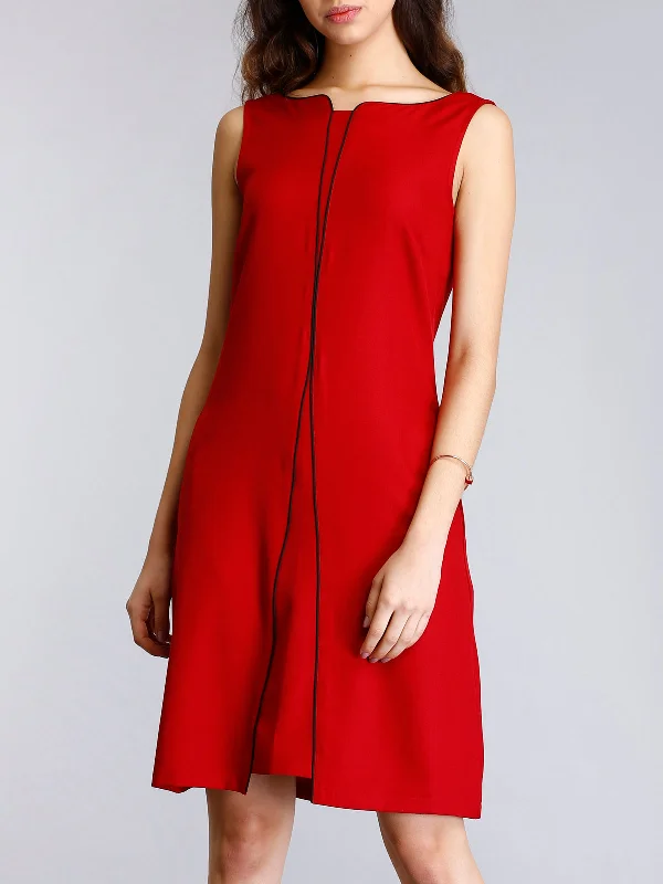 Stylised Neck Piping Detail Shift Dress - Red