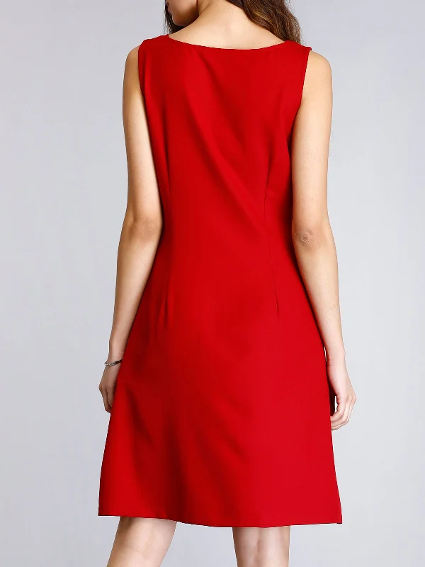 Stylised Neck Piping Detail Shift Dress - Red