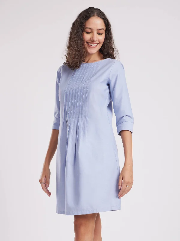 Textured Cotton Pintuck A-line Dress - Light Blue