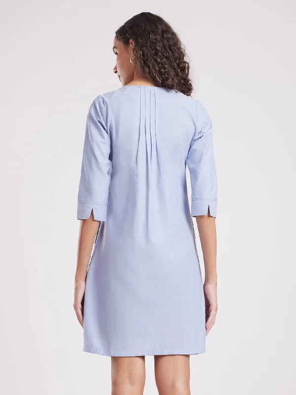 Textured Cotton Pintuck A-line Dress - Light Blue