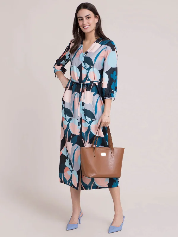 V Neck Floral A Line Dress - Multicolour