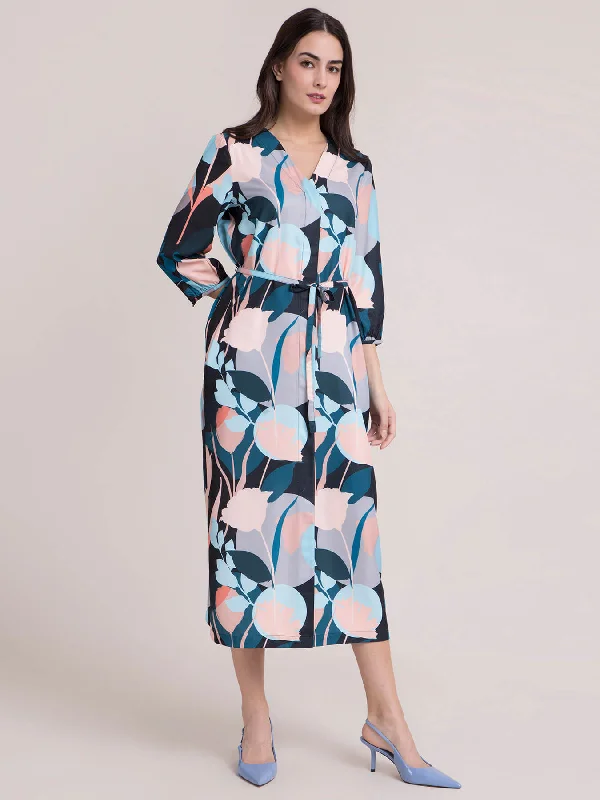 V Neck Floral A Line Dress - Multicolour