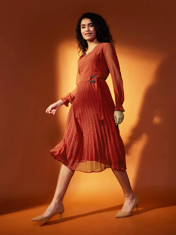 V Neck Pleated Fit and Flare Dress - Rust