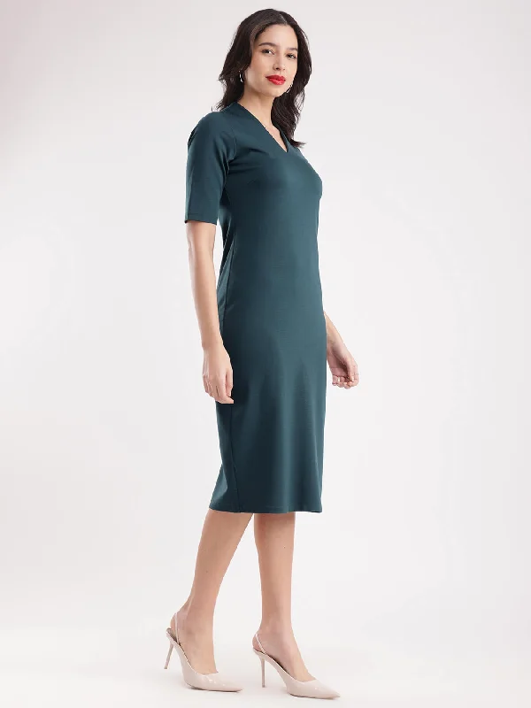 V-Neck Shift Dress - Bottle Green