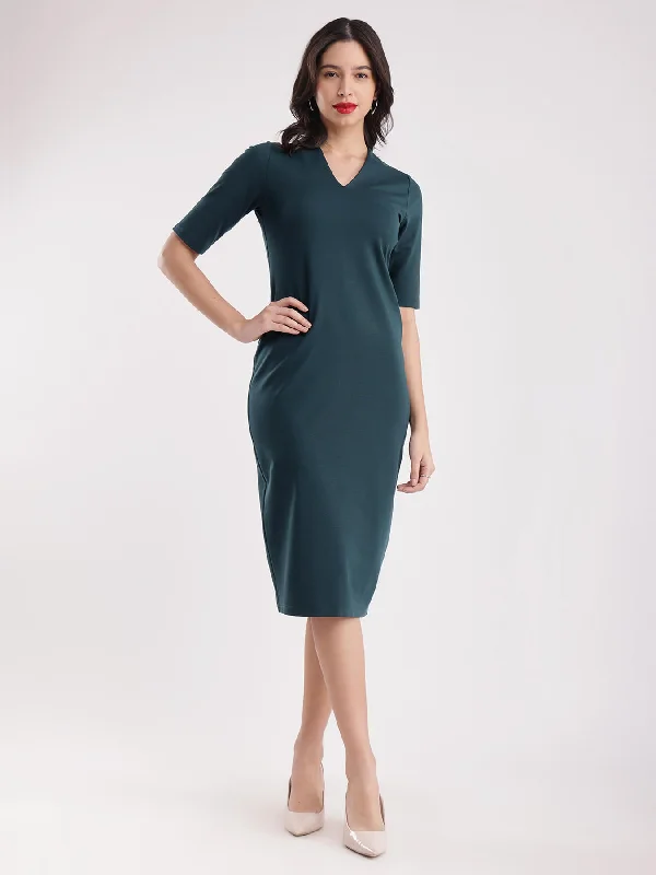 V-Neck Shift Dress - Bottle Green