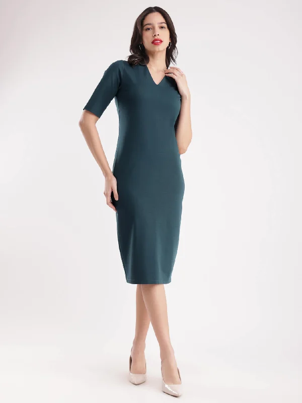 V-Neck Shift Dress - Bottle Green