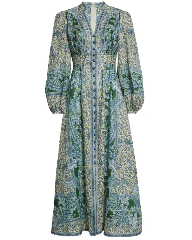 Green Paisley Ottie Plunge Midi Dress