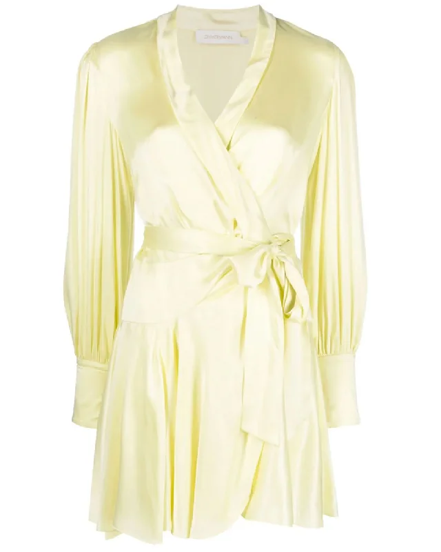 Lemon Silk Wrap Mini Dress