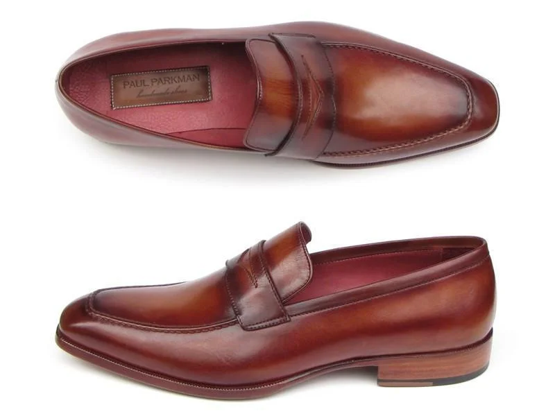 Paul Parkman (FREE Shipping) Men's Penny Loafers Tobacco & Bordeaux Hand-Painted Shoes (ID#067-BRD)