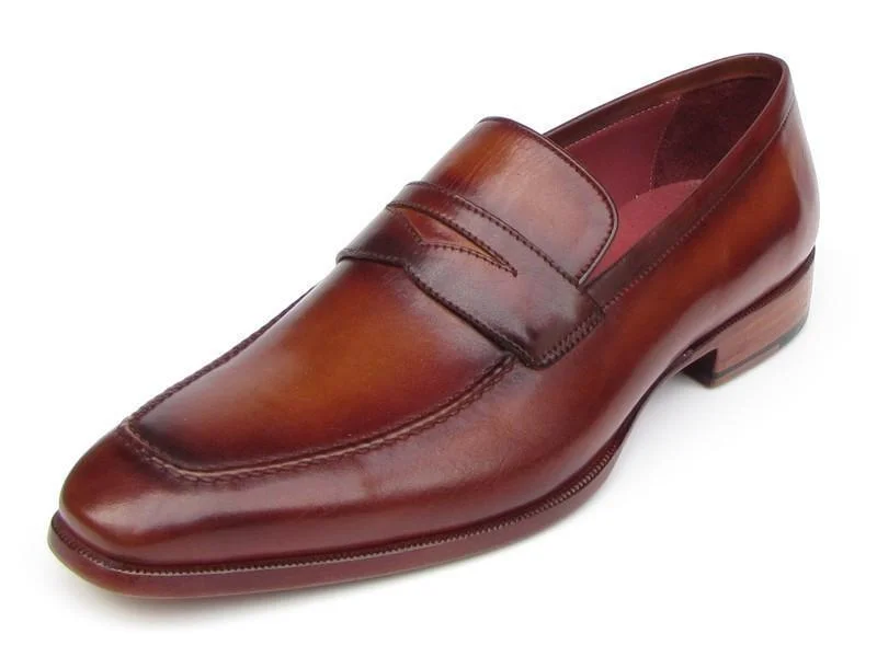 Paul Parkman (FREE Shipping) Men's Penny Loafers Tobacco & Bordeaux Hand-Painted Shoes (ID#067-BRD)