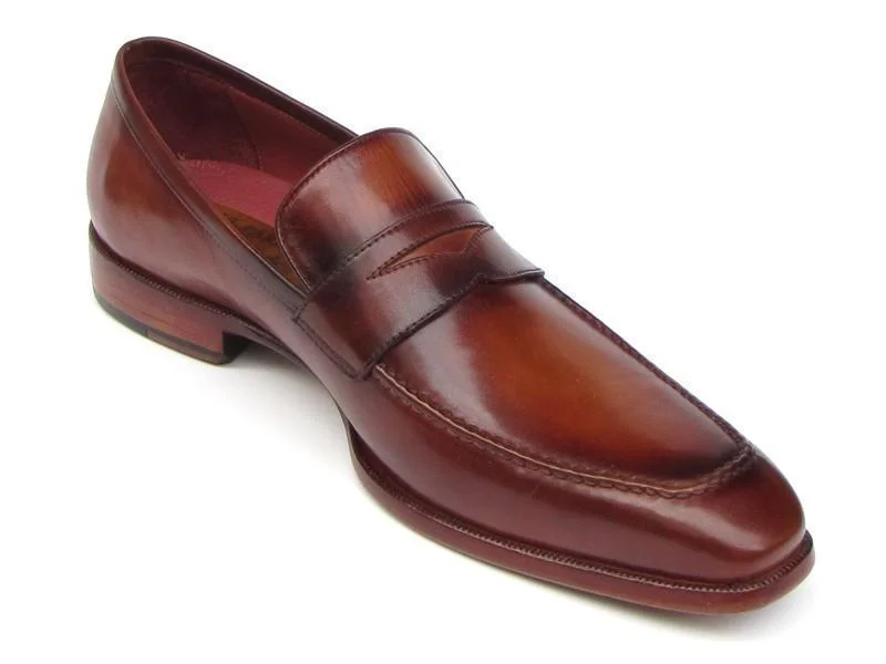 Paul Parkman (FREE Shipping) Men's Penny Loafers Tobacco & Bordeaux Hand-Painted Shoes (ID#067-BRD)