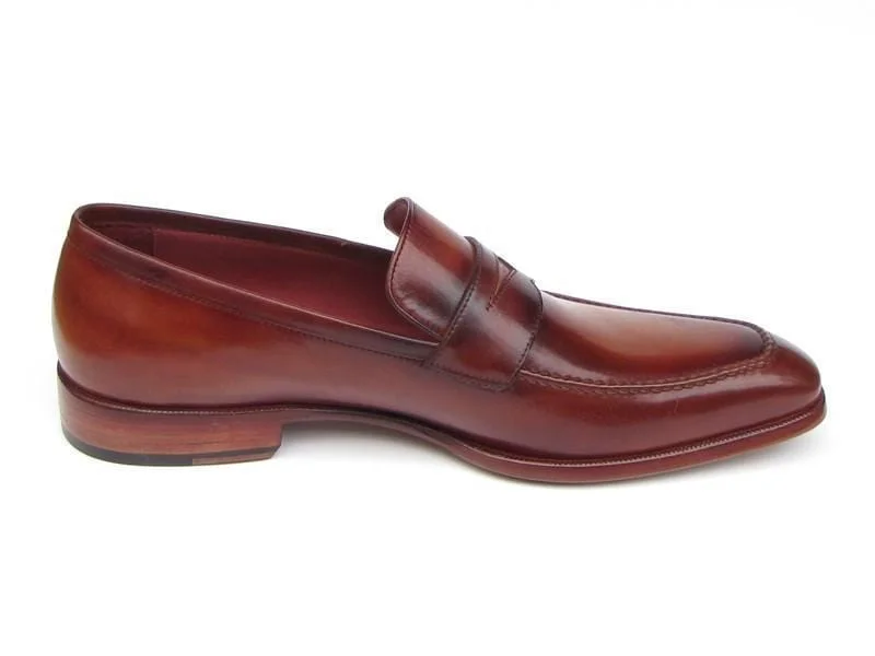 Paul Parkman (FREE Shipping) Men's Penny Loafers Tobacco & Bordeaux Hand-Painted Shoes (ID#067-BRD)