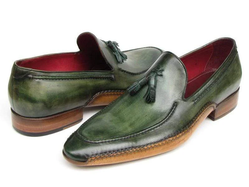 Paul Parkman (FREE Shipping) Men's Side Handsewn Tassel Loafers Green Shoes (ID#082-GREEN)