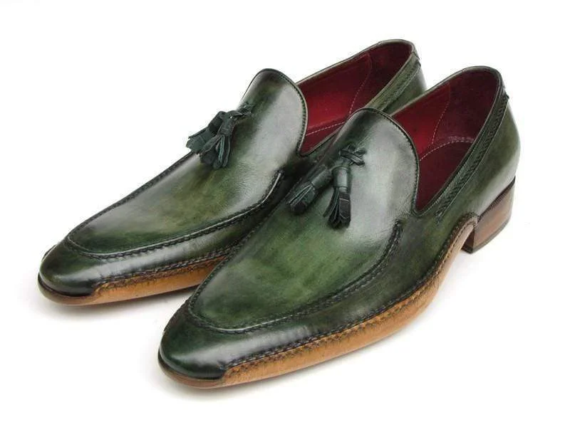 Paul Parkman (FREE Shipping) Men's Side Handsewn Tassel Loafers Green Shoes (ID#082-GREEN)