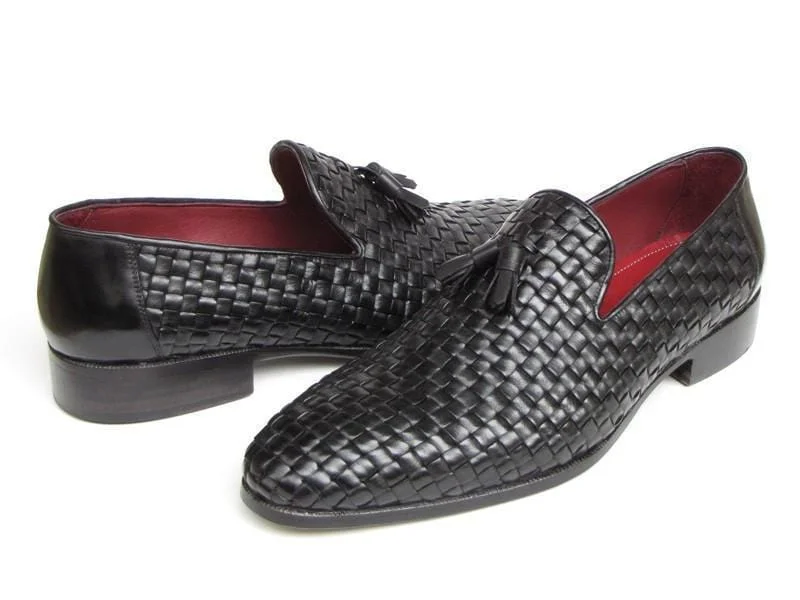 Paul Parkman (FREE Shipping) Men's Tassel Loafers Black Woven Leather (ID#085-BLK)