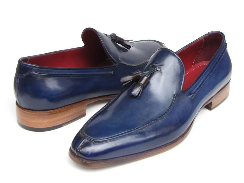 Paul Parkman (FREE Shipping) Men's Tassel Loafers Blue Hand Painted Leather (ID#083-BLU)