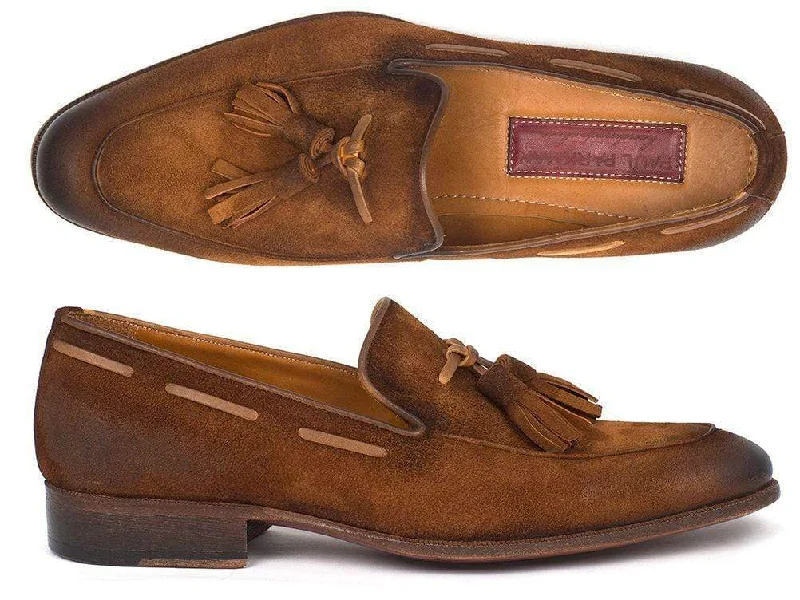 Paul Parkman (FREE Shipping) Men's Tassel Loafers Brown Antique Suede Shoes (ID#TAB32FG)