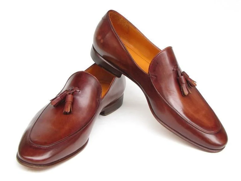 Paul Parkman (FREE Shipping) Men's Tassel Loafers Brown Hand Painted Leather (ID#049-BRW)