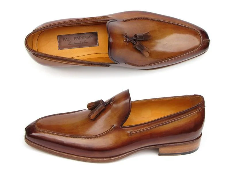 Paul Parkman (FREE Shipping) Men's Tassel Loafers Camel & Brown Hand-Painted (ID#083-CML)