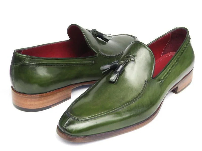 Paul Parkman (FREE Shipping) Men's Tassel Loafers Green Hand Painted Leather (ID#083-GREEN)