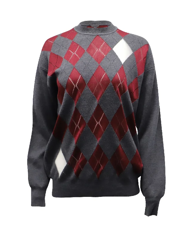 Alexander Wang Mesh-Paneled Argyle Sweater in Grey Wool