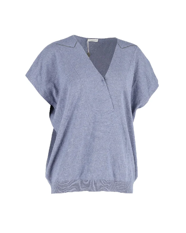 Brunello Cucinelli V-Neck Monili-Trim Sweater in Blue Wool