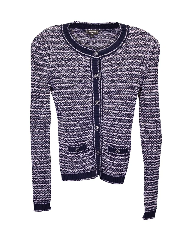 Chanel Striped Buttoned Cardigan in Navy Blue Cotton