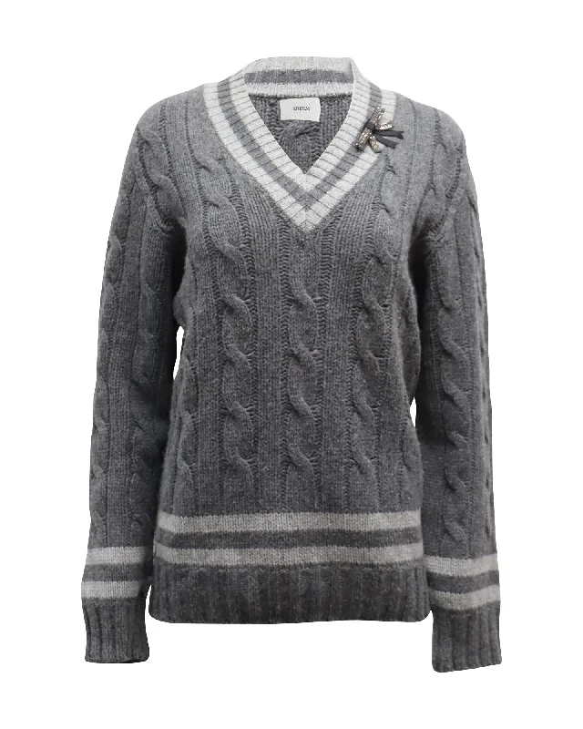 Erdem Albertha V-neck Cable Knit Sweater in Grey Wool