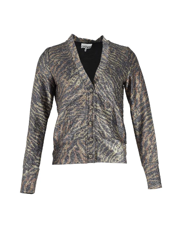 Ganni Lurex Jersey Cardigan in Animal Print Polyester