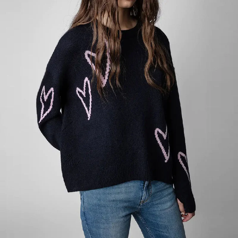 Leisure Heart Motif Drop Shoulder Long Sleeve Oversized Knit Cashmere Sweater