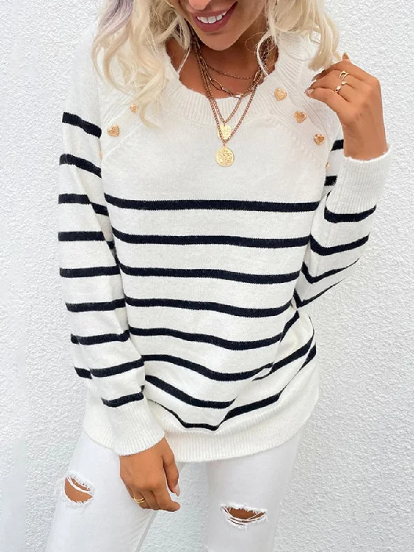 DressBetty - Striped Button Knitted Pullover Sweater