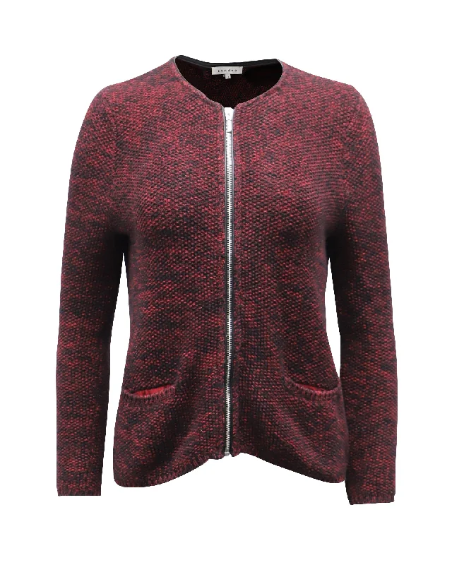 Sandro Zippered Crew Neck Sweater in Red Cotton