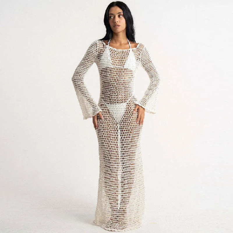 Vintage 90s Scoop Neck Bell Sleeve Split Backless Crochet Knit Maxi Dress