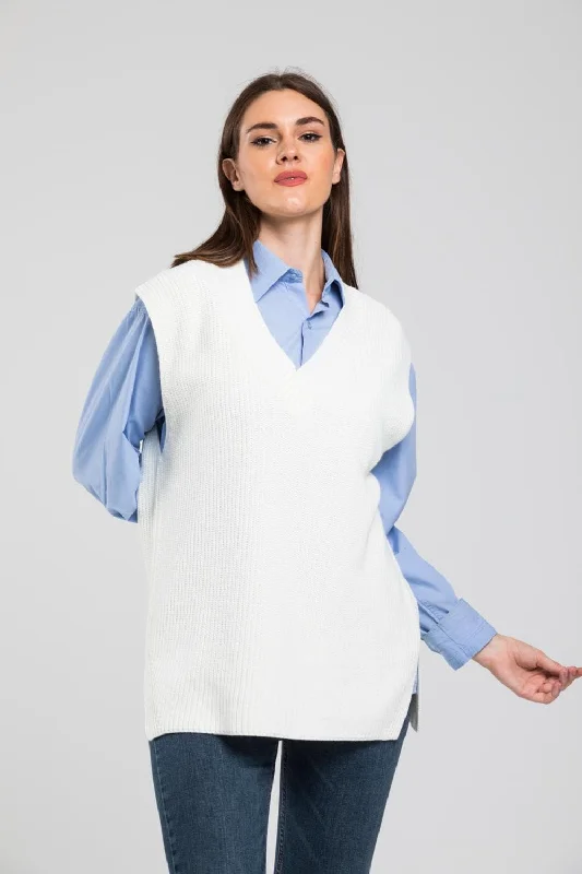 DressBetty - White V-neck Slit Sweater