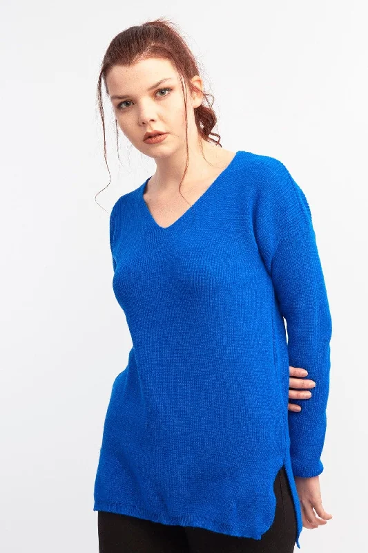 DressBetty - Women Saks Blue V-Neck Sweater