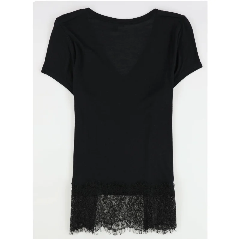 bar III Womens Lace Hem Embellished T-Shirt, Black, Medium