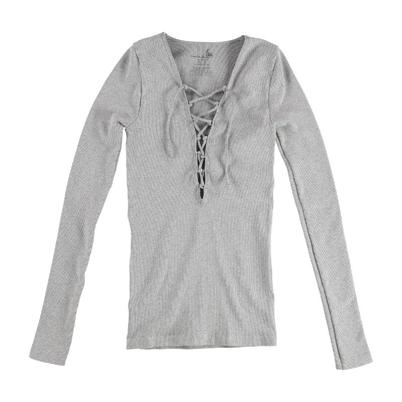 Free People Womens Lace Front Deep-V Basic T-Shirt, Grey, XS/S