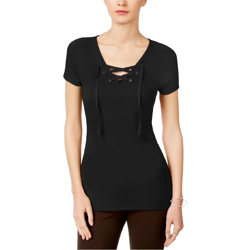 I-N-C Womens Lace Up Basic T-Shirt, Black, Small