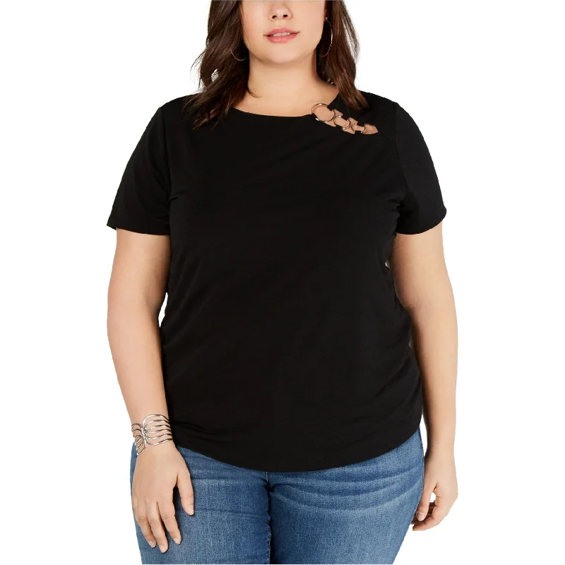 I-N-C Womens O-Ring Embellished T-Shirt, Black, 1X