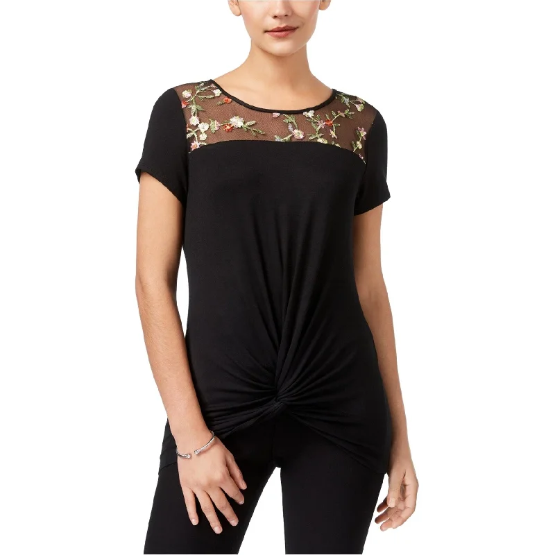 NY Collection Womens Embroidered Floral Basic T-Shirt, Black, Small